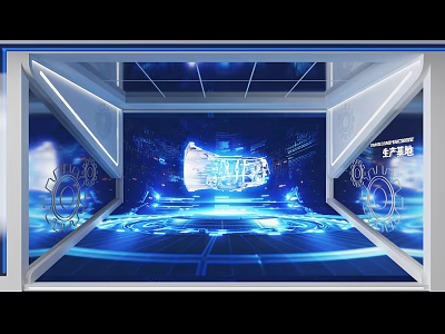 Futuristic Interior Space With Blue Holographic Tech Display And Mechanical Details 3d model