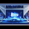 Futuristic Interior Space With Blue Holographic Tech Display And Mechanical Details