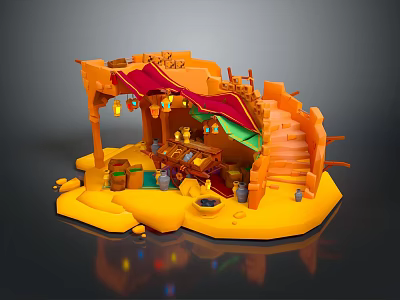 Colorful Cartoon Market Stall Scene With Awning Stairs Barrels And Decorative Jars 3d model