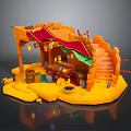 Colorful Cartoon Market Stall Scene With Awning Stairs Barrels And Decorative Jars