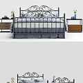 Double Bed With Black Iron Frame Ornate Design Blue Floral Bedding And Nightstand