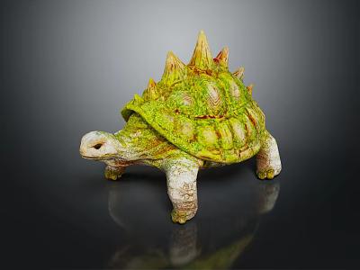 Green Spiky Turtle Sculpture With Textured Shell And Reflection On Dark Background 3d model