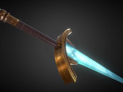Fantasy Medieval Sword With Brown Hilt Golden Guard And Blue Glowing Blade 3d model