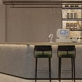 Mall Shop Interior Featuring Bar Counter Green Bar Stools Wooden Shelves Round Mirror Pendant Lights