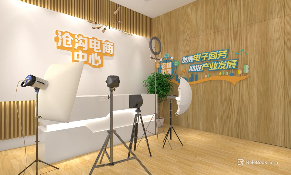 Agricultural Exhibition Hall With E-commerce Boosting Industry Development Photography Equipment Green Plants And Wooden Walls 3d model 