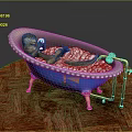 Blue Bathtub With Gold Legs White Foam Dinosaur Toy And Metal Stand On Wooden Floor