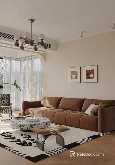 Modern Living Room Interior With Brown Sofa Coffee Table Chandelier And Wall Art 3d model 