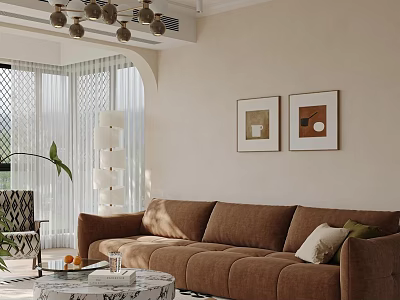 Modern Living Room Interior With Brown Sofa Coffee Table Chandelier And Wall Art 3d model