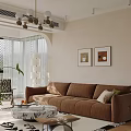Modern Living Room Interior With Brown Sofa Coffee Table Chandelier And Wall Art