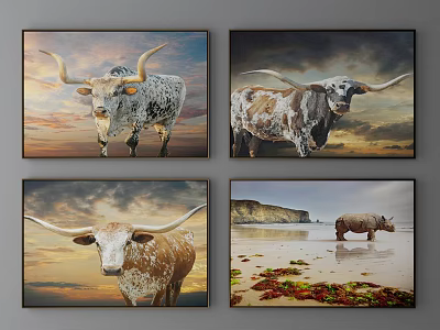 Longhorn Cattle Animal Paintings with Various Sunset and Beach Scenery Backgrounds 3d model