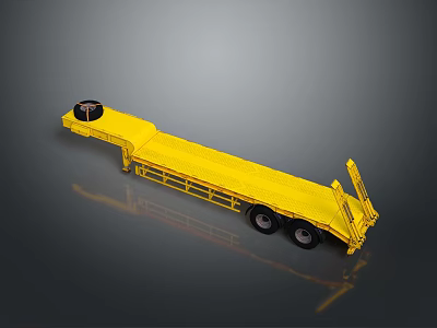 Yellow Flatbed Trailer With Long Flatbed Platform Dual Wheels And Rear Ramp 3d model