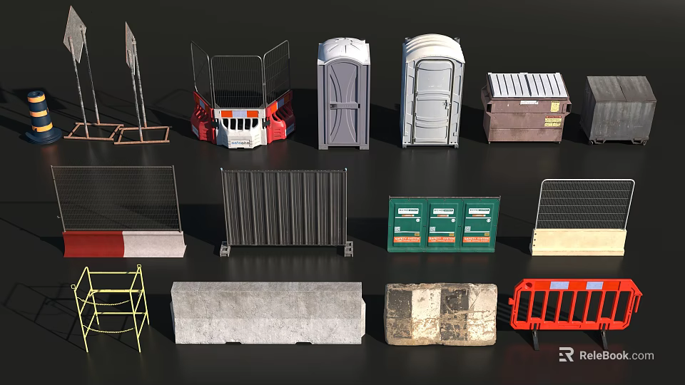 Various Construction Site Facilities Including Portable Toilets Fences Barriers Scaffolding And Dumpsters 3d model 