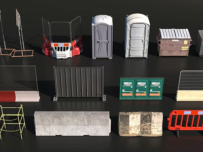 Various Construction Site Facilities Including Portable Toilets Fences Barriers Scaffolding And Dumpsters 3d model
