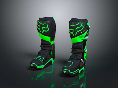 Black Motorcycle Boots With Green Accents Fox Logo And Racing Style Straps Design 3d model