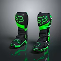 Black Motorcycle Boots With Green Accents Fox Logo And Racing Style Straps Design