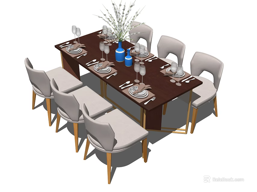 Elegant Dining Table Set With Dark Tabletop Light Gray Chairs Gold Legs And Decor 3d model