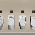 Four White Bathroom Urinals Mounted on Beige Wall with Gray Square Sensors