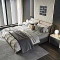 Background Double Bed In Stylish Bedroom With Gray Bedding Pillows Nightstand Lamp And Wall Art