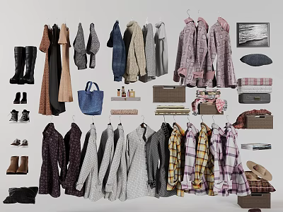 Hanging Clothes Collection With Coats Shirts Bags Shoes Hats And Storage Boxes 3d model