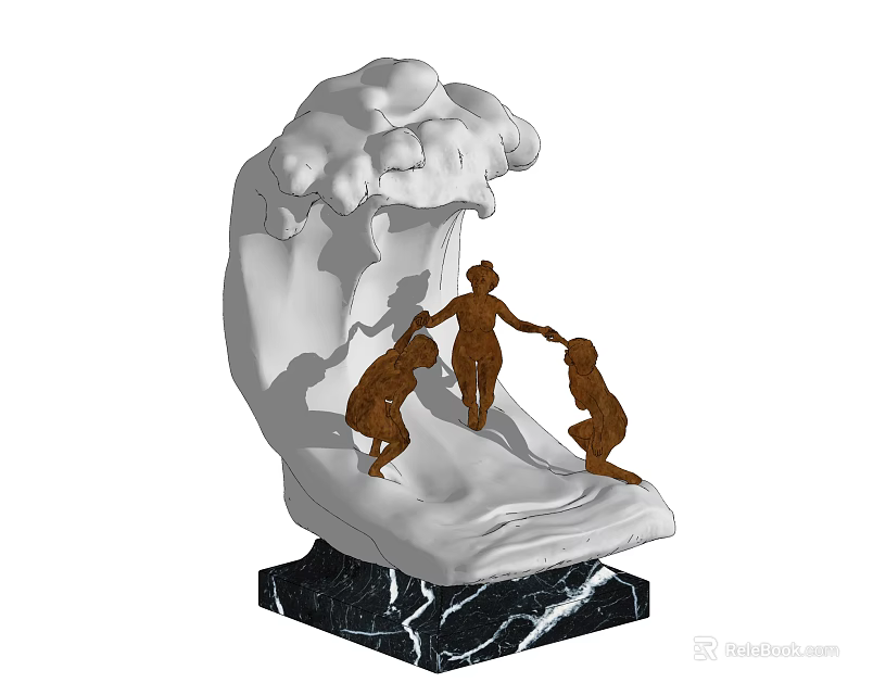 Decorative Ornament Set with White Wave Design Base Three Brown Figurines and Black Marble Stand 3d model 