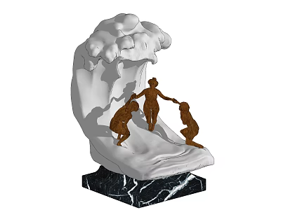 Decorative Ornament Set with White Wave Design Base Three Brown Figurines and Black Marble Stand 3d model