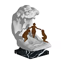 Decorative Ornament Set with White Wave Design Base Three Brown Figurines and Black Marble Stand