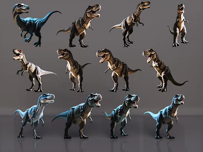 Realistic 3D Rendered Reptile Models Featuring Tyrannosaurus Rex in Various Poses and Colors 3d model