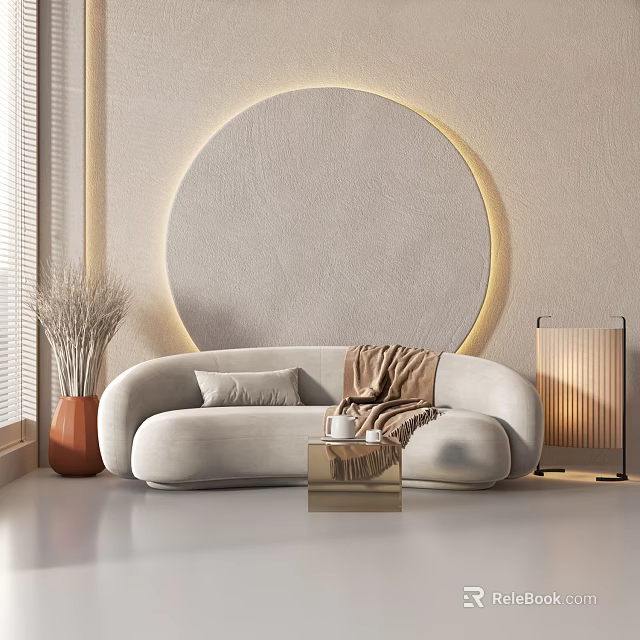 Modern Beige Sectional Sofa with Cushion Throw Blanket Near Round Decorative Wall and Floor Lamp 3d model 