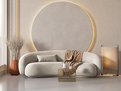 Modern Beige Sectional Sofa with Cushion Throw Blanket Near Round Decorative Wall and Floor Lamp 3d model