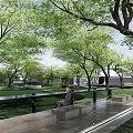 Tranquil Park Landscape With Green Trees Stone Pathways Water Ponds Seating Areas And People Walking