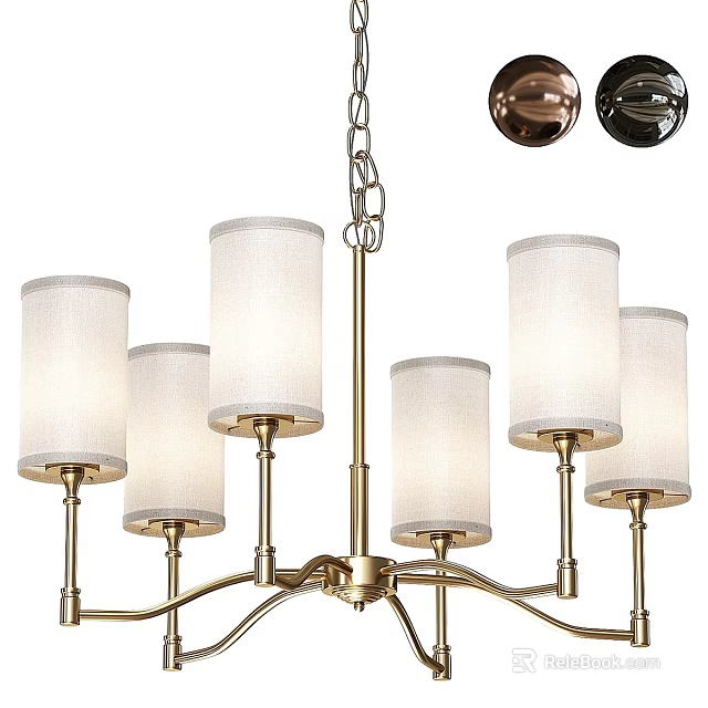 Modern Brass Chandelier With White Fabric Lamp Shades And Multiple Arms 3d model 
