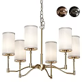 Modern Brass Chandelier With White Fabric Lamp Shades And Multiple Arms