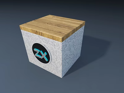 Cube Shaped Stool With Wooden Top Gray Stone Body And Circular ZX Logo 3d model