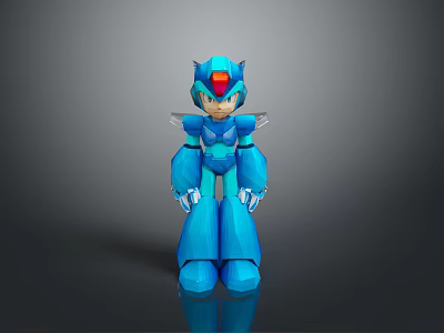 Futuristic Blue Robot Character For Game Or Movie With Armor Helmet Standing On Reflective Surface 3d model