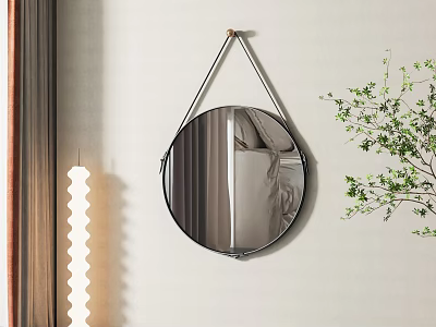 Modern Round Wall Mirror Hanging On Light Wall With Green Plant And Floor Lamp 3d model