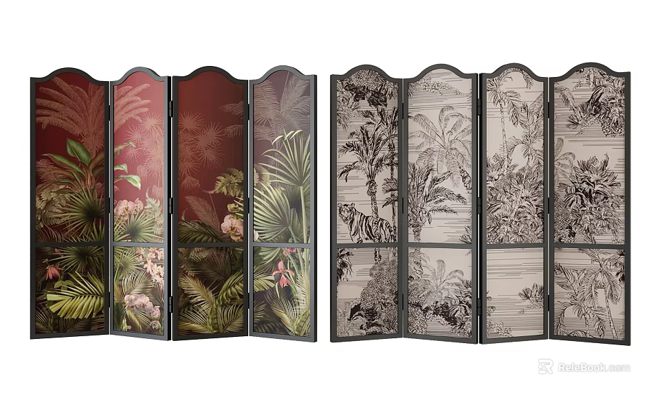 Double Panel Room Divider With Tropical Plant Flower Leaf Patterns And Black Frames 3d model
