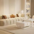 Modern Beige Sofa and Coffee Table Set with Accent Pillows Bookshelf and Fresh Flowers