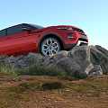 Red SUV Parked On Rocky Terrain With Green Grass And Scenic Outdoor View
