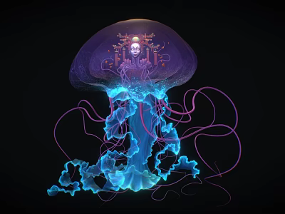 Luminous Purple Blue Jellyfish Game Character With Mechanical Inner Structure And Glowing Tentacles 3d model