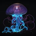 Luminous Purple Blue Jellyfish Game Character With Mechanical Inner Structure And Glowing Tentacles
