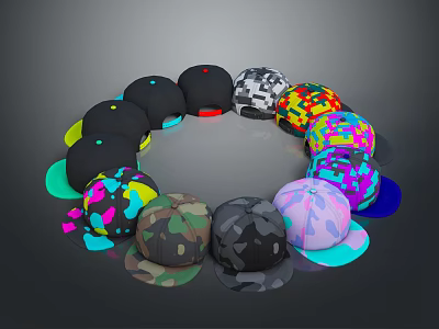 Assorted Colorful Patterned Baseball Caps With Various Styles In Circular Arrangement 3d model