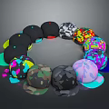 Assorted Colorful Patterned Baseball Caps With Various Styles In Circular Arrangement