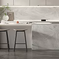 Modern Open Concept Kitchen Interior With Marble Island Hanging Lights And Wooden Cabinets