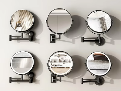 Modern Round Wall Mounted Mirrors With Black Brackets Reflecting Various Room Interiors 3d model