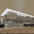 Modern Banquet Hall Interior With Wooden Ceiling Marble Counter And Dining Tables