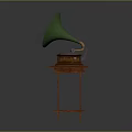 Vintage Gramophone With Green Horn And Wooden Base On Table Stand
