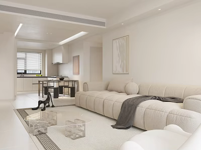 Modern Living Dining Room Interior With White Sofa And Glass Coffee Table Open Layout 3d model