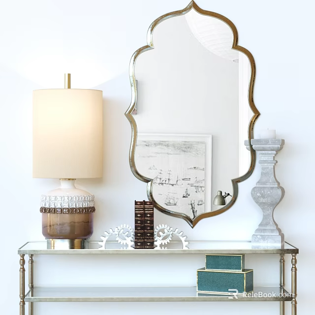 Elegant Modern Vanity Table With Gold Framed Mirror Table Lamp And Decorative Books 3d model 