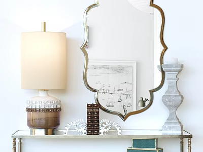 Elegant Modern Vanity Table With Gold Framed Mirror Table Lamp And Decorative Books 3d model