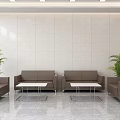 Hospital Outpatient Clinic Waiting Area with Gray Yellow Sofa Benches Round Tables Stools Bright Lighting
